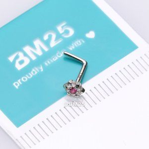 14 Karat White Gold Glistening Multi-Gem Flower Sparkle L-Shaped Nose Ring